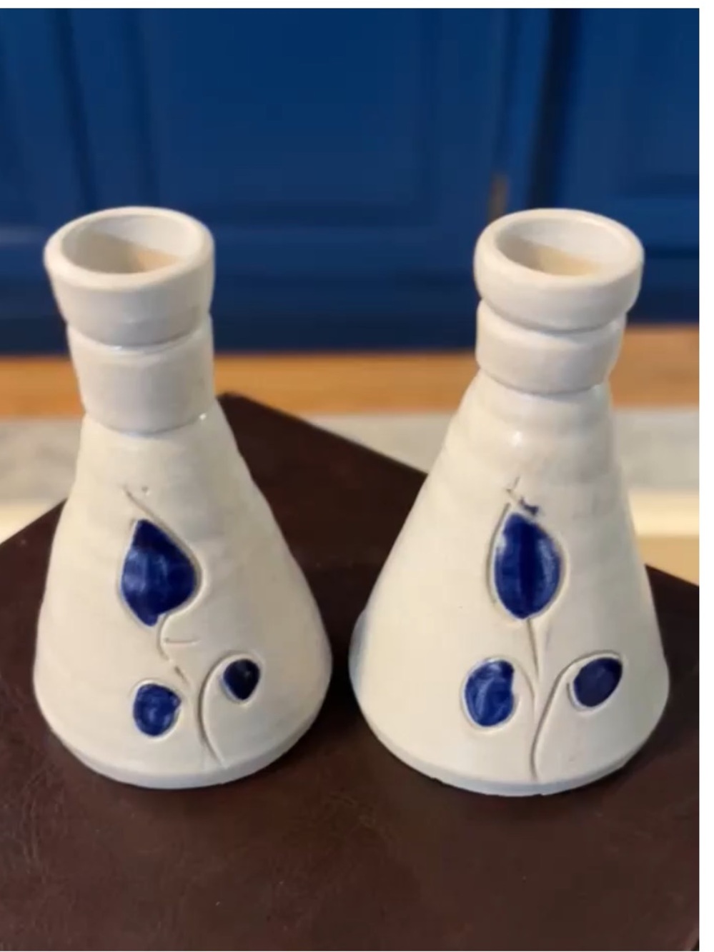 Williamsburg Pottery bud vases salt-glazed pottery - cobalt blue designs